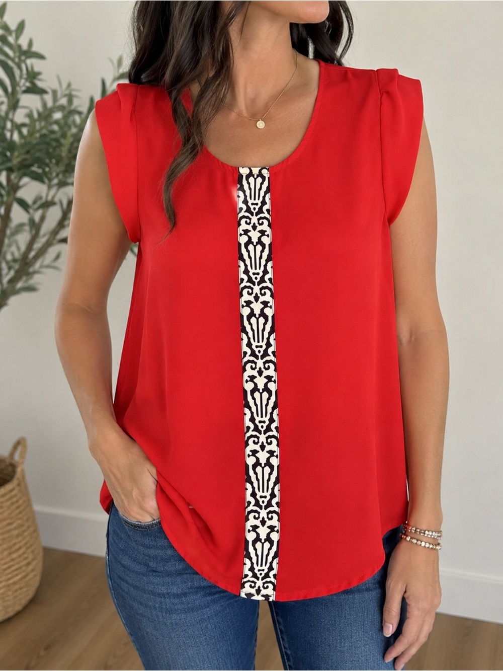 THML Red Sleeveless Scoop Neck Top with Black-and-White Decorative Front Panel